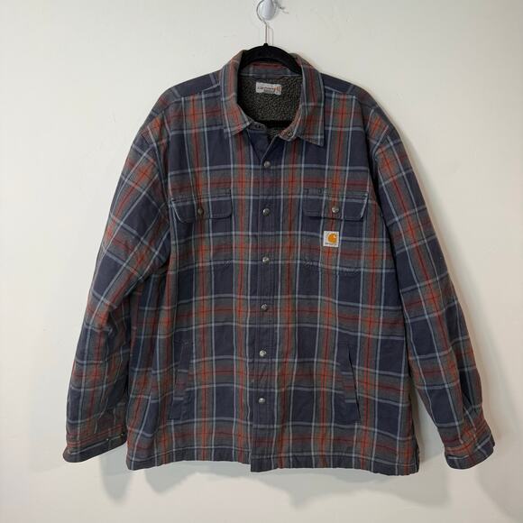 Carhartt Men's Hubbard Sherpa Lined Flannel Shirt Jac Shacket Navy Orange 2XL - Picture 1 of 10